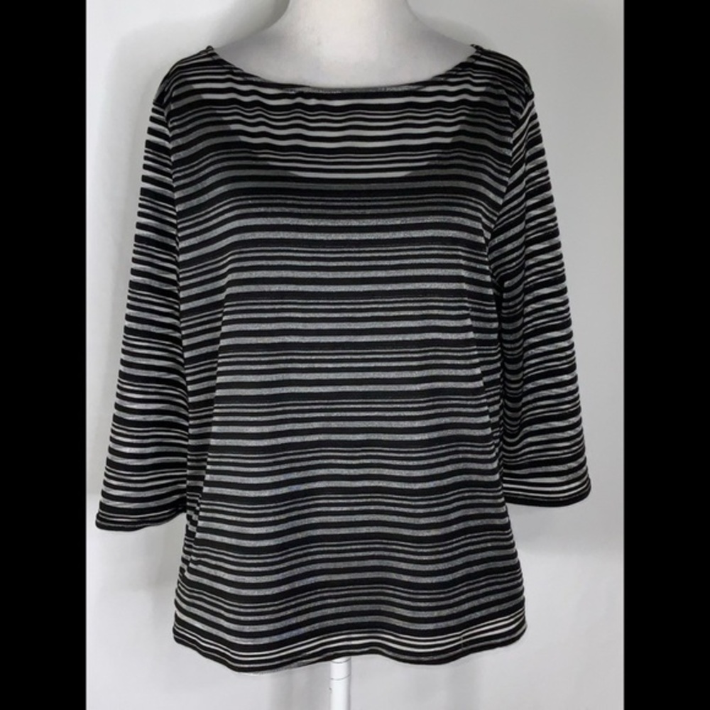 Peck & Peck Black & Silver Shimmer Metallic Stripe Pullover Blouse XLP